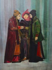 Małgorzata Chomczyńska – Nowakowska „Trzy Internacjonalne Kumoszki”, olej 2025 r.